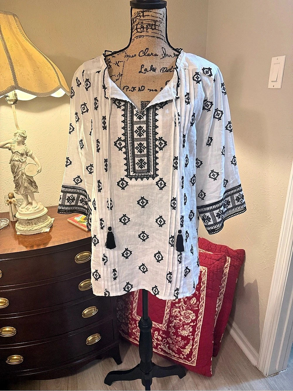 John Mark Embroidered Tunic White & Black Size 1X